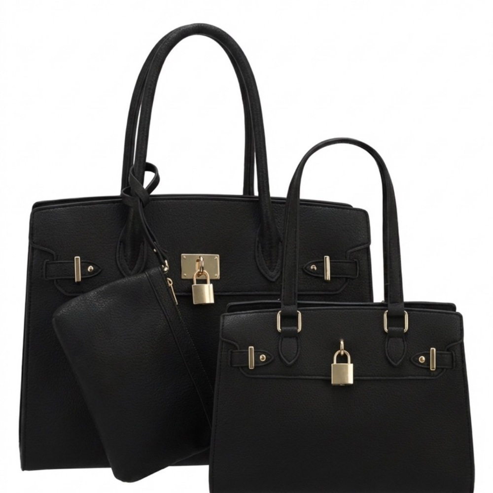 3-Piece Vegan Leather Handbag Set, Classic black Bag with Crossbody Bag& Wallet - Picture 2 of 5